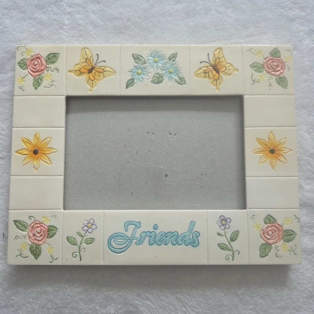 Vintage Textured Painted Tile Friends PictureFrame Floral Butterfly‎ 4x6 Y2K